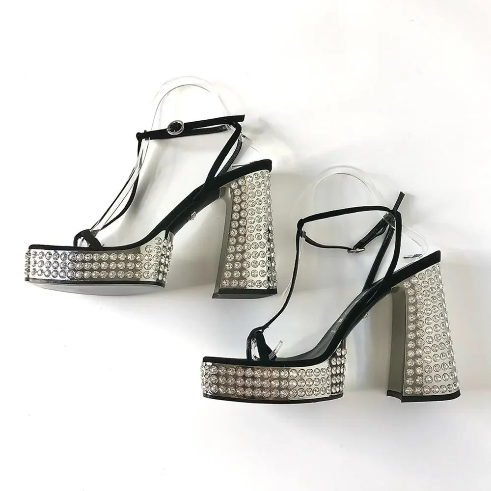 Gucci Rare Naimah Nero Crystal Embellished Platform Strappy Sandals 39